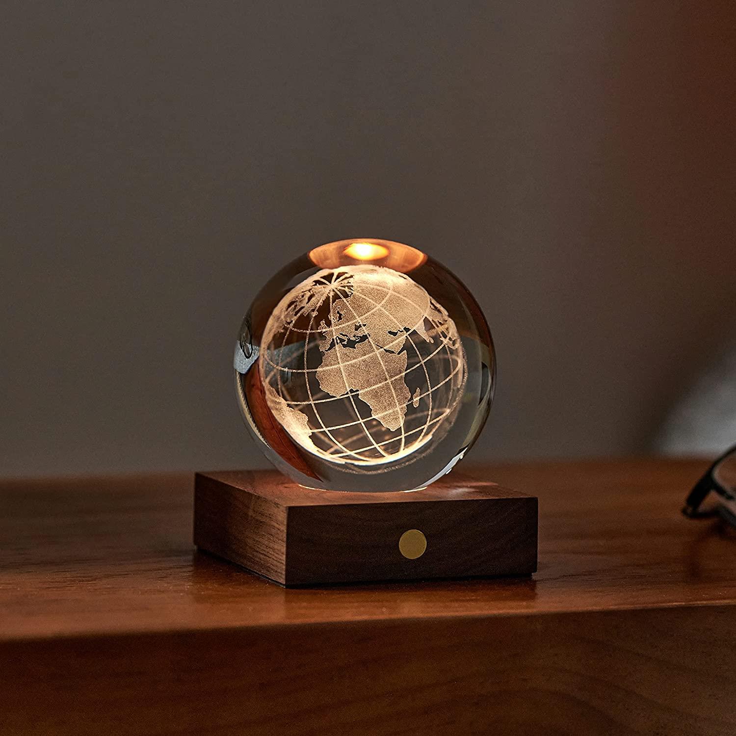 Crystal LED Desk Lamp Weighted Amber Ball Wooden Base Ginkgo Assorted Design - Picture 78 of 79