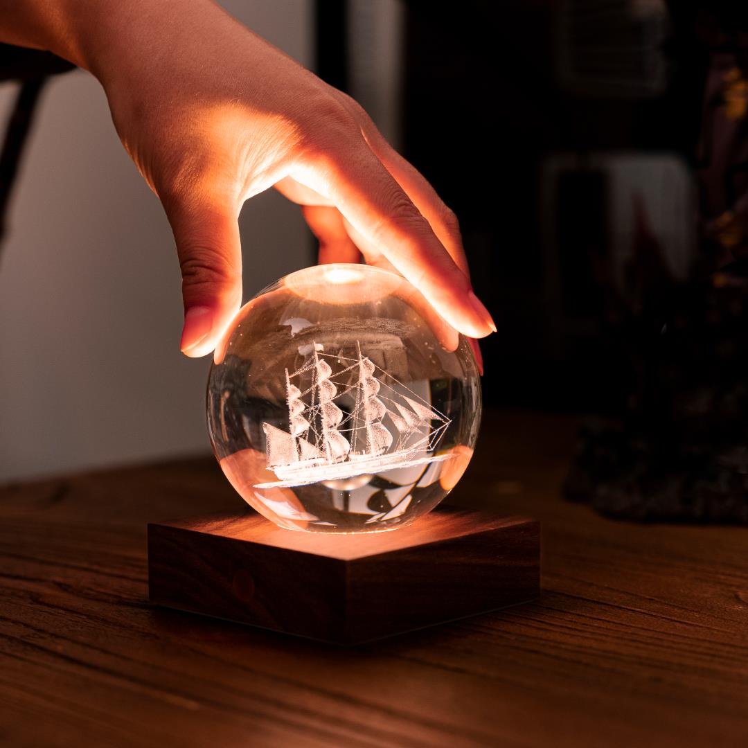Crystal LED Desk Lamp Weighted Amber Ball Wooden Base Ginkgo Assorted Design - Picture 50 of 79