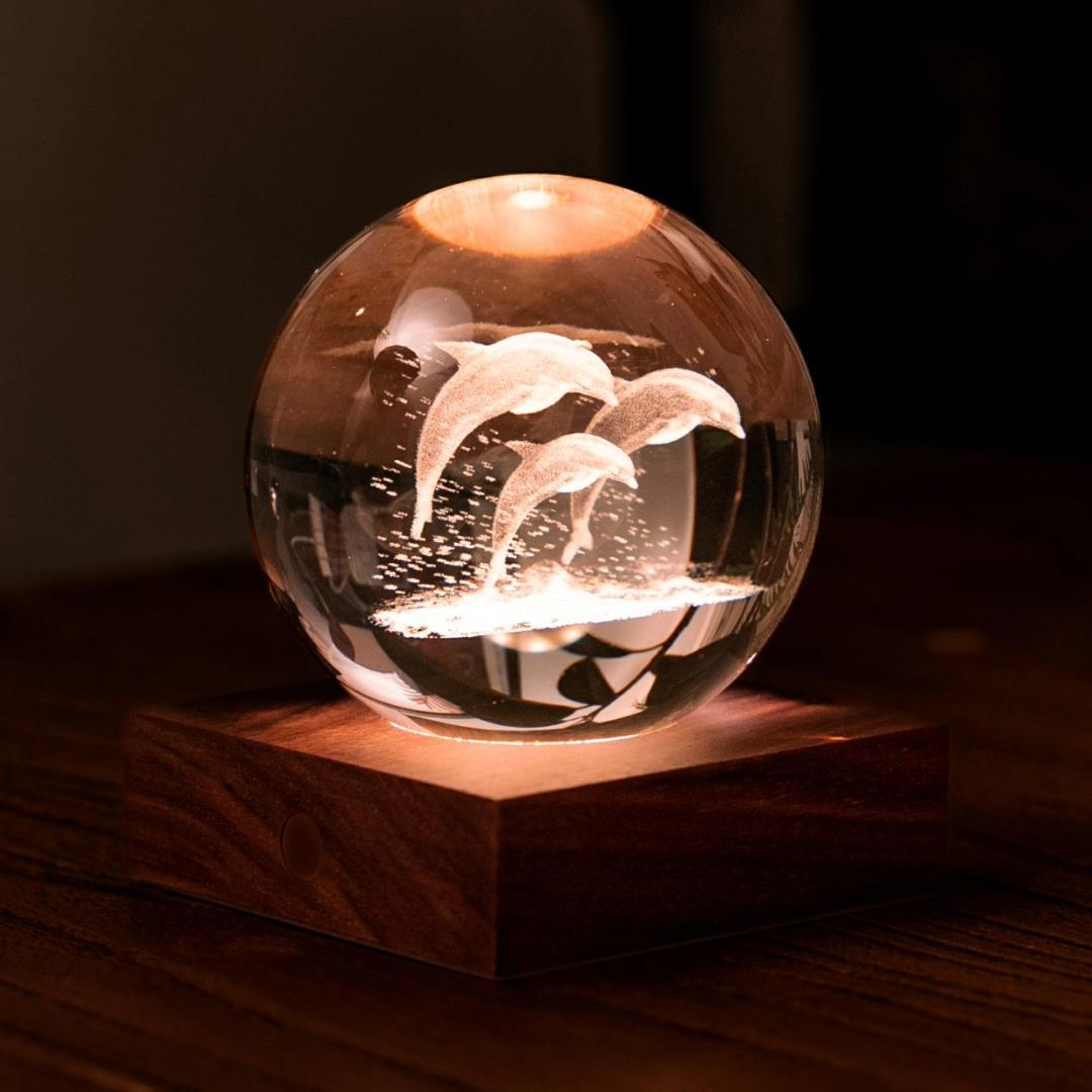 Crystal LED Desk Lamp Weighted Amber Ball Wooden Base Ginkgo Assorted Design - Picture 11 of 79