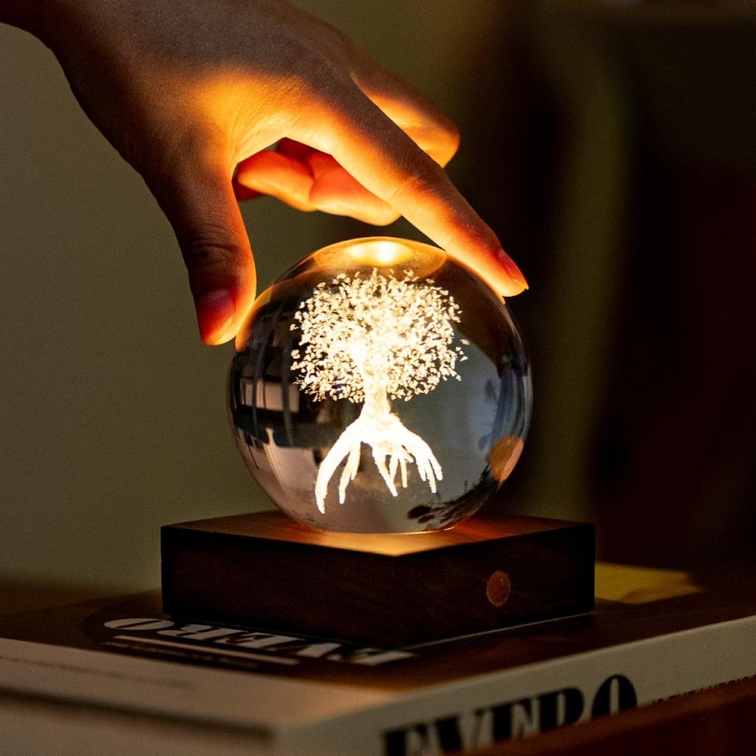 Crystal LED Desk Lamp Weighted Amber Ball Wooden Base Ginkgo Assorted Design - Picture 74 of 79