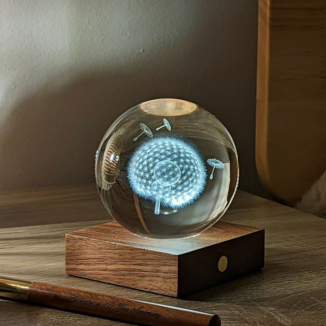 Crystal LED Desk Lamp Weighted Amber Ball Wooden Base Ginkgo Assorted Design - Picture 8 of 79