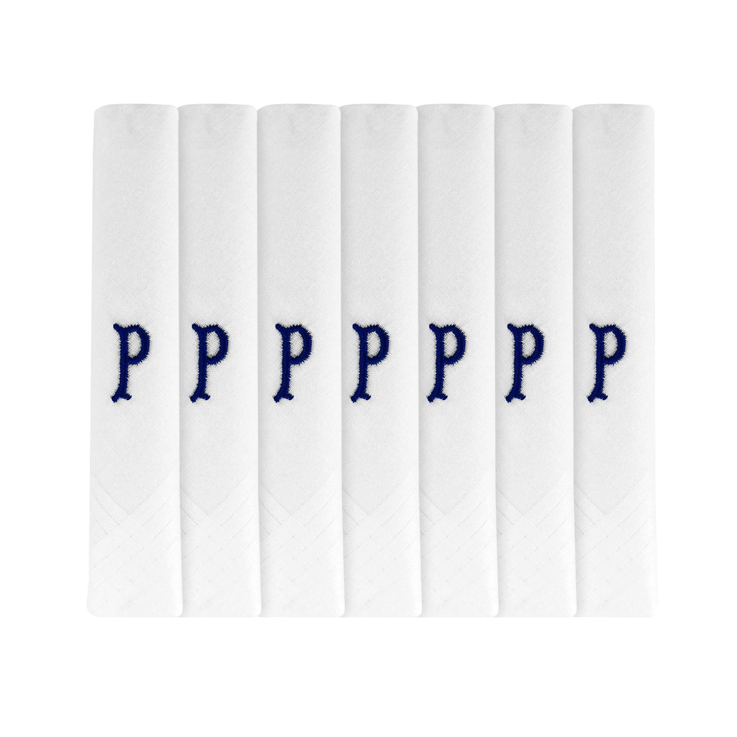 7 Pack Of Mens White Satin Bordered Handkerchiefs With Initials