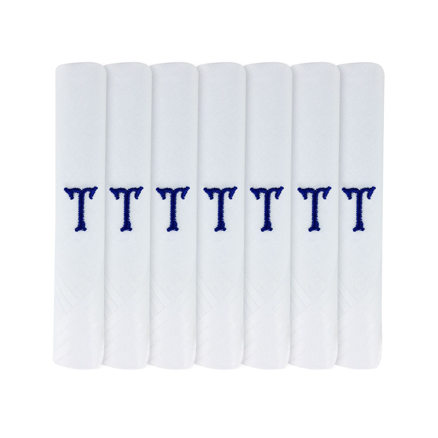 7 Pack Of Mens White Satin Bordered Handkerchiefs With Initials