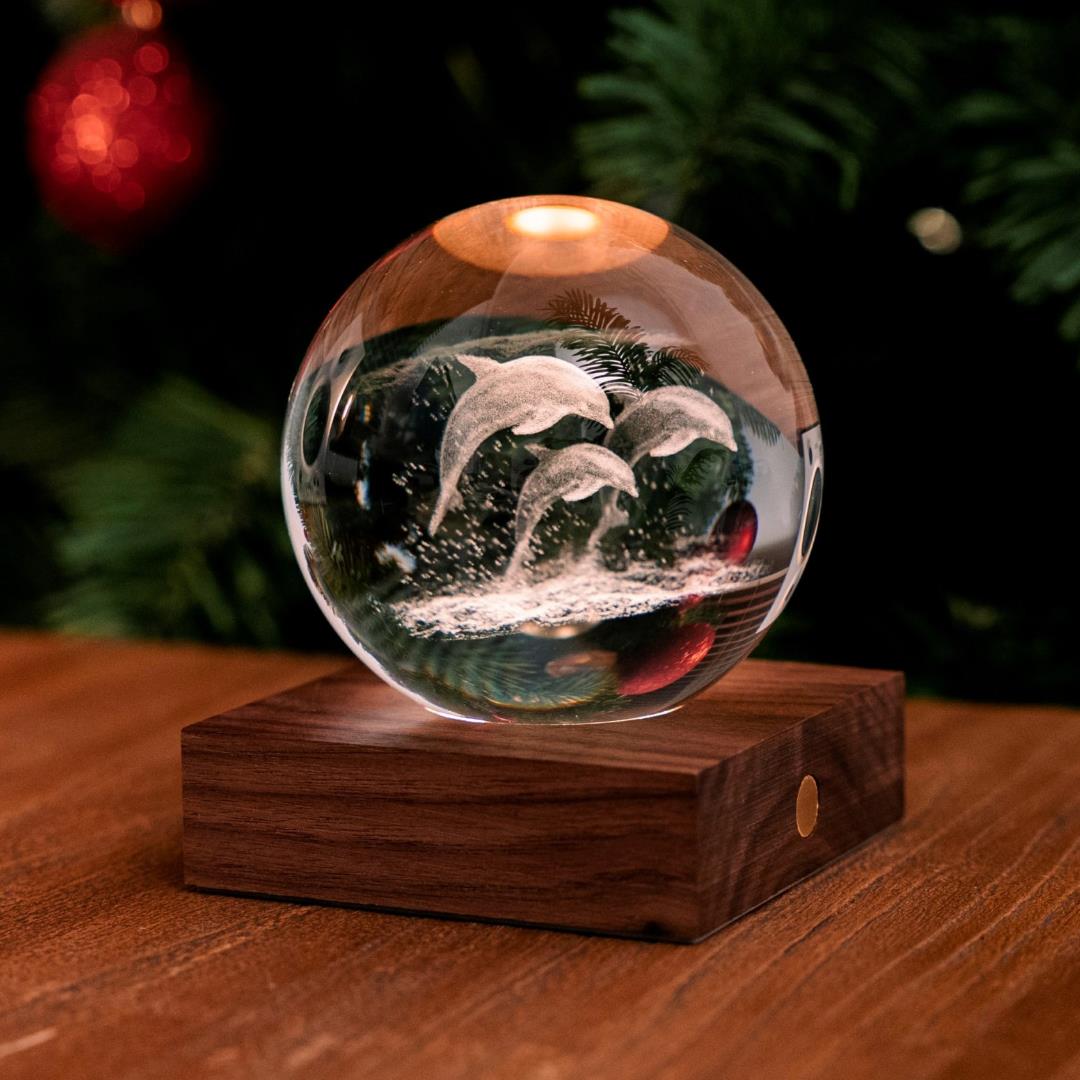 Crystal LED Desk Lamp Weighted Amber Ball Wooden Base Ginkgo Assorted Design - Picture 12 of 79