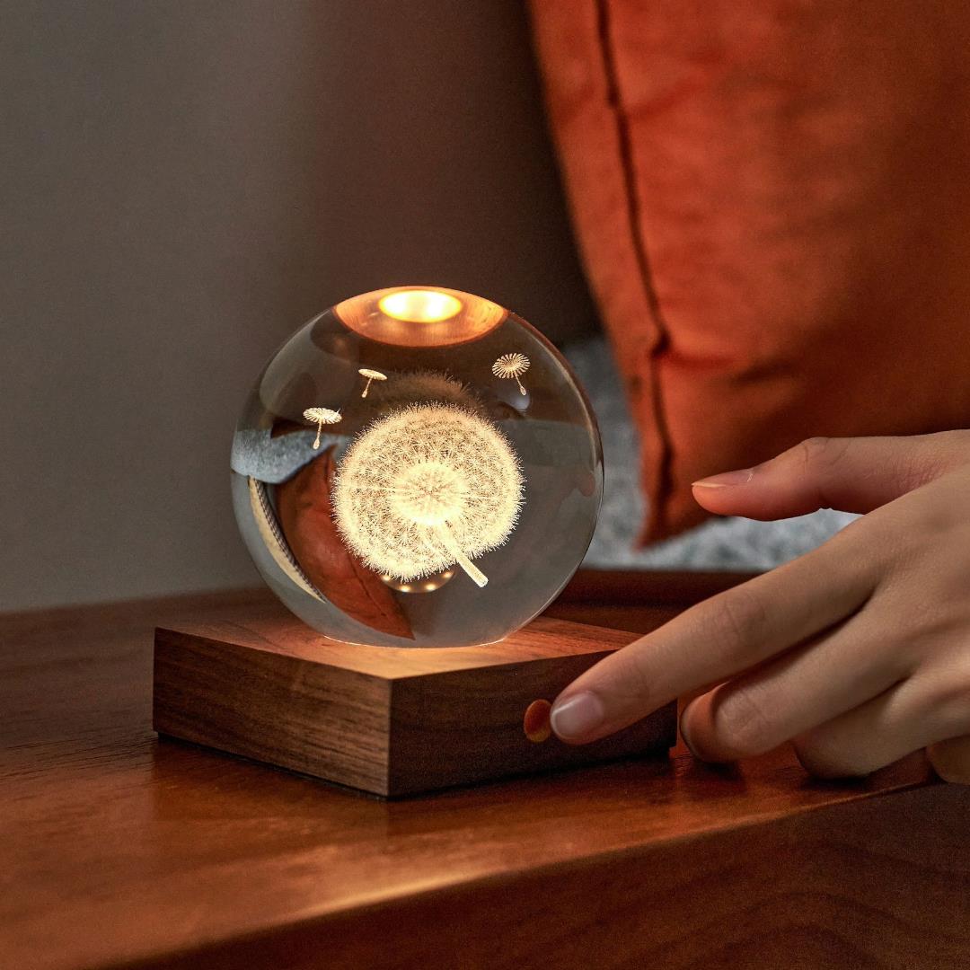 Crystal LED Desk Lamp Weighted Amber Ball Wooden Base Ginkgo Assorted Design - Picture 9 of 79