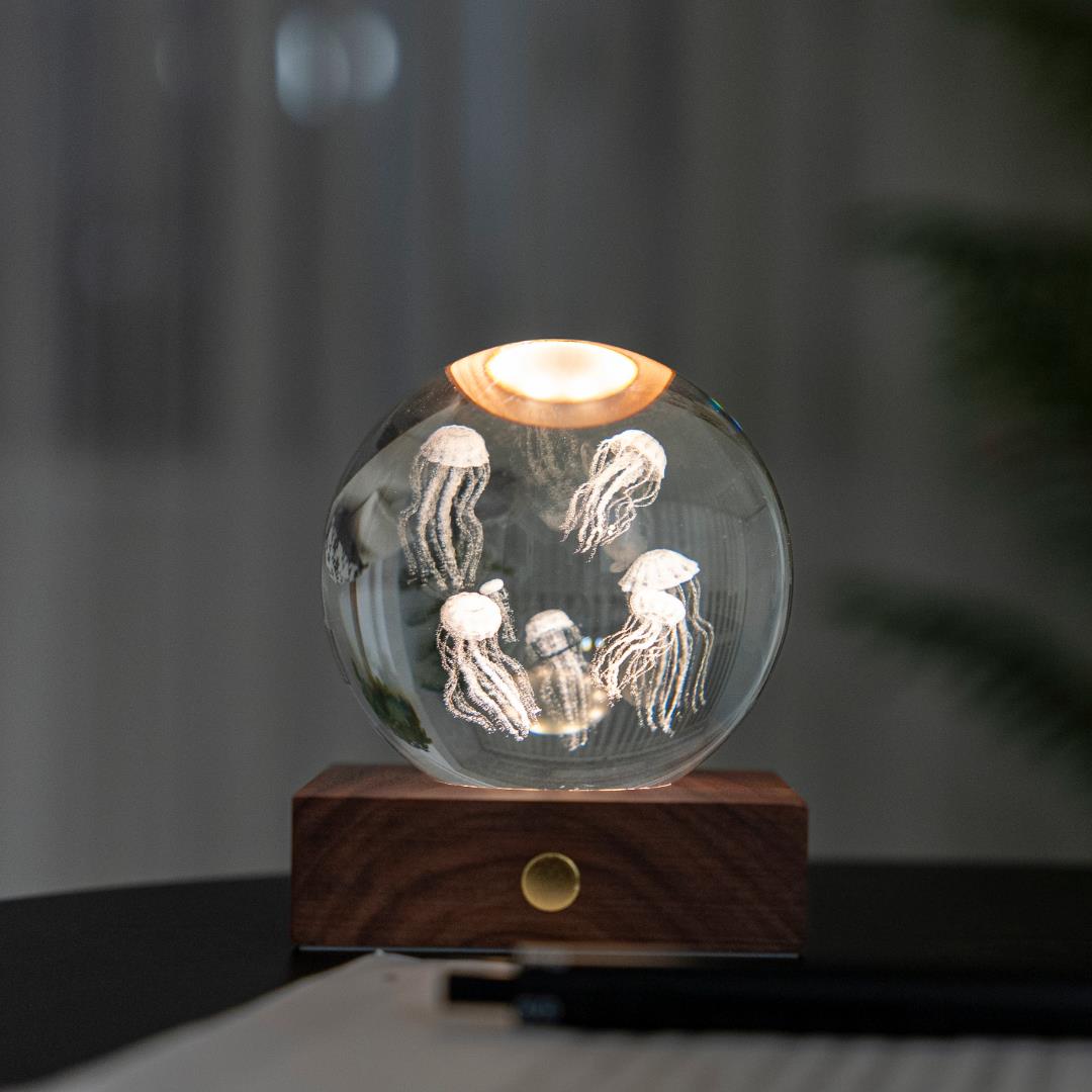 Crystal LED Desk Lamp Weighted Amber Ball Wooden Base Ginkgo Assorted Design - Picture 36 of 79
