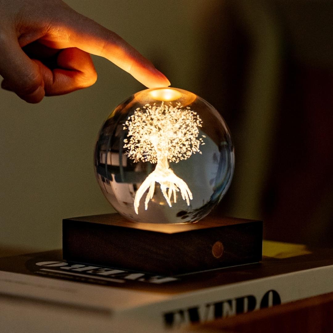 Crystal LED Desk Lamp Weighted Amber Ball Wooden Base Ginkgo Assorted Design - Picture 75 of 79