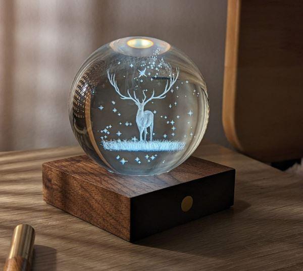 Crystal LED Desk Lamp Weighted Amber Ball Wooden Base Ginkgo Assorted Design - Picture 60 of 79