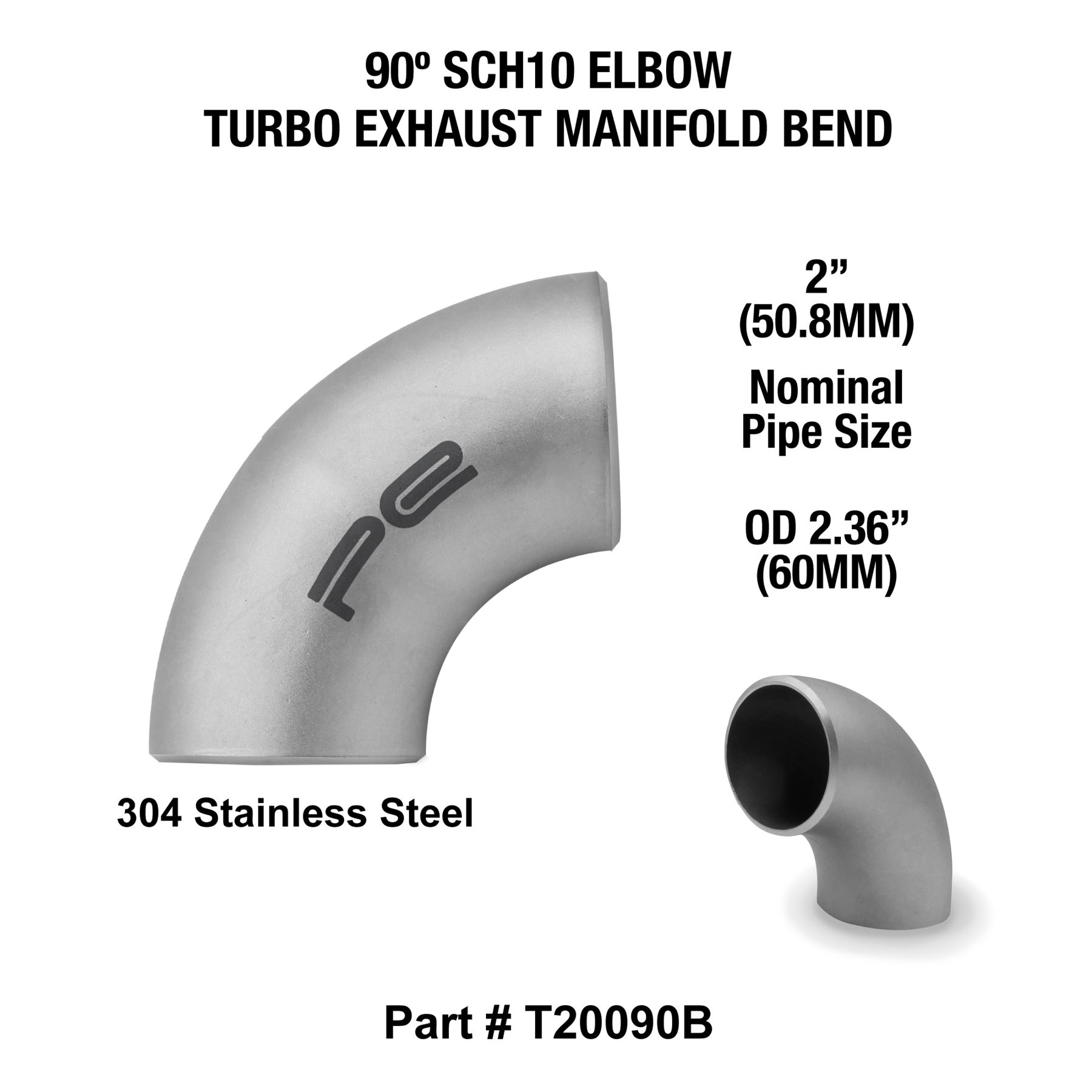 2" Sch10 60mm OD 90 Degree Elbow 304 Stainless Steel Turbo Exhaust