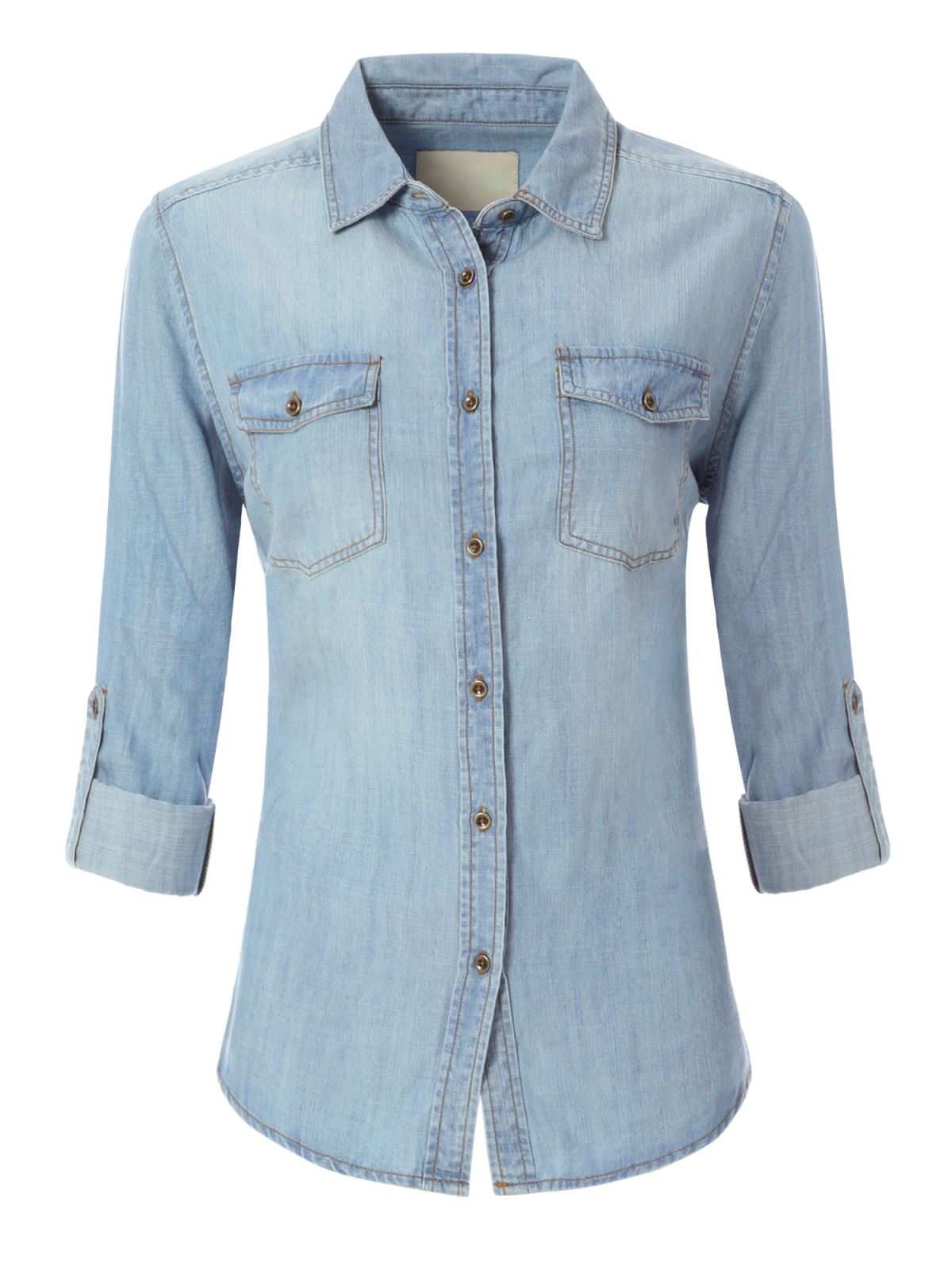 MixMatchy Classic Long/Roll Up Sleeve Button Down Denim Chambray Shirt - Picture 2 of 7