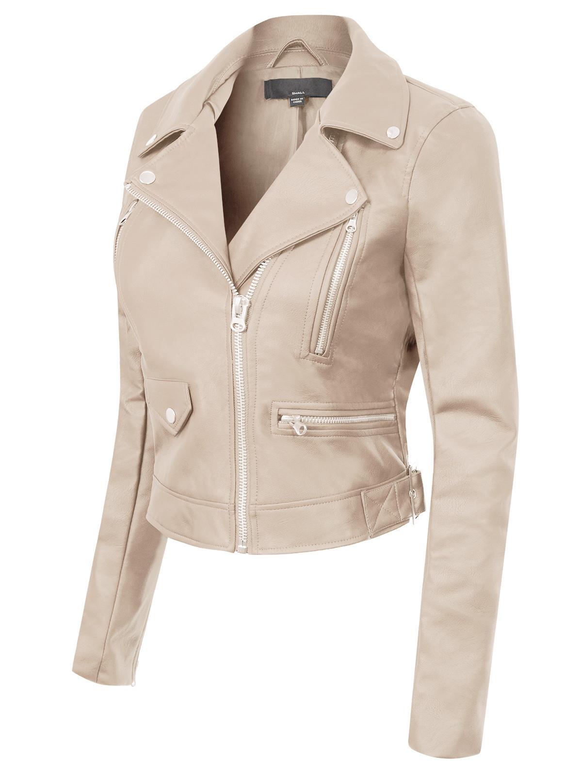 MixMatchy Long Sleeve Zipper Closure Moto Biker Faux Leather Jacket - Picture 34 of 59
