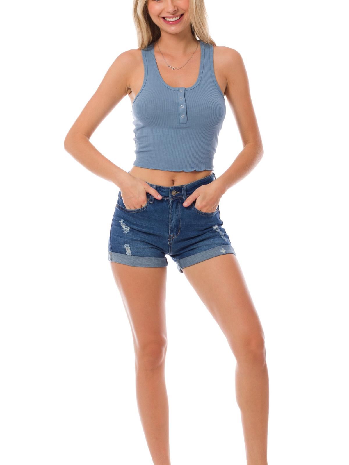 Solid Sleeveless Rib Knit Scoop Neck Button Up Stretch Crop Tank Top - Picture 11 of 19