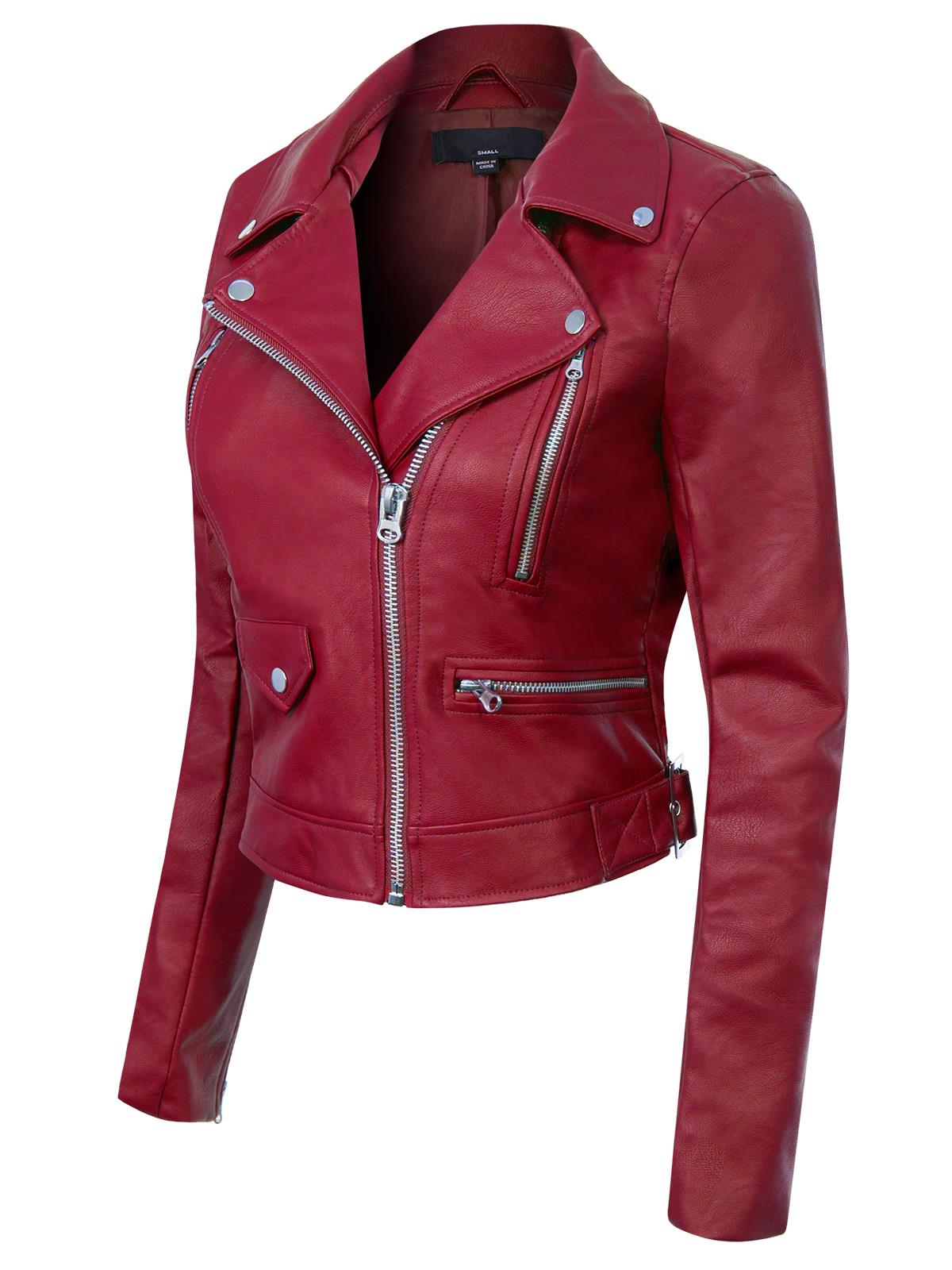 MixMatchy Long Sleeve Zipper Closure Moto Biker Faux Leather Jacket - Picture 16 of 59