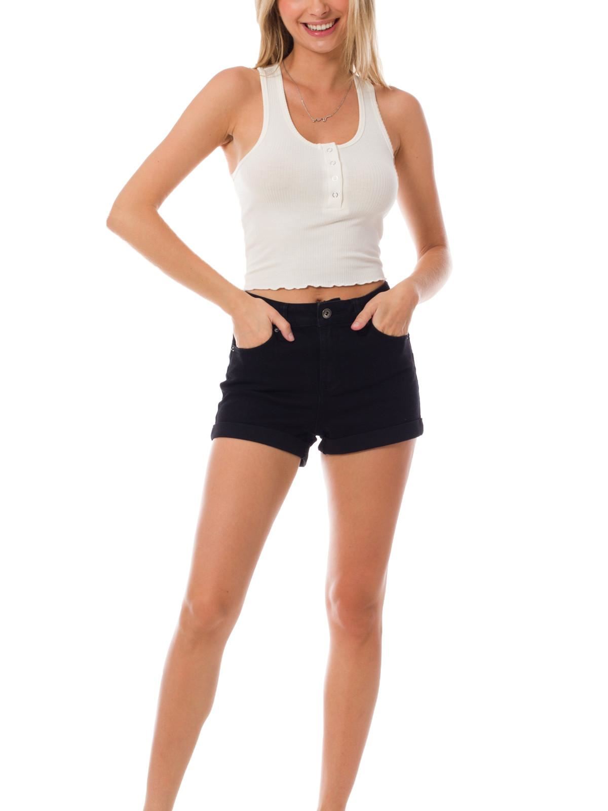 Solid Sleeveless Rib Knit Scoop Neck Button Up Stretch Crop Tank Top - Picture 17 of 19