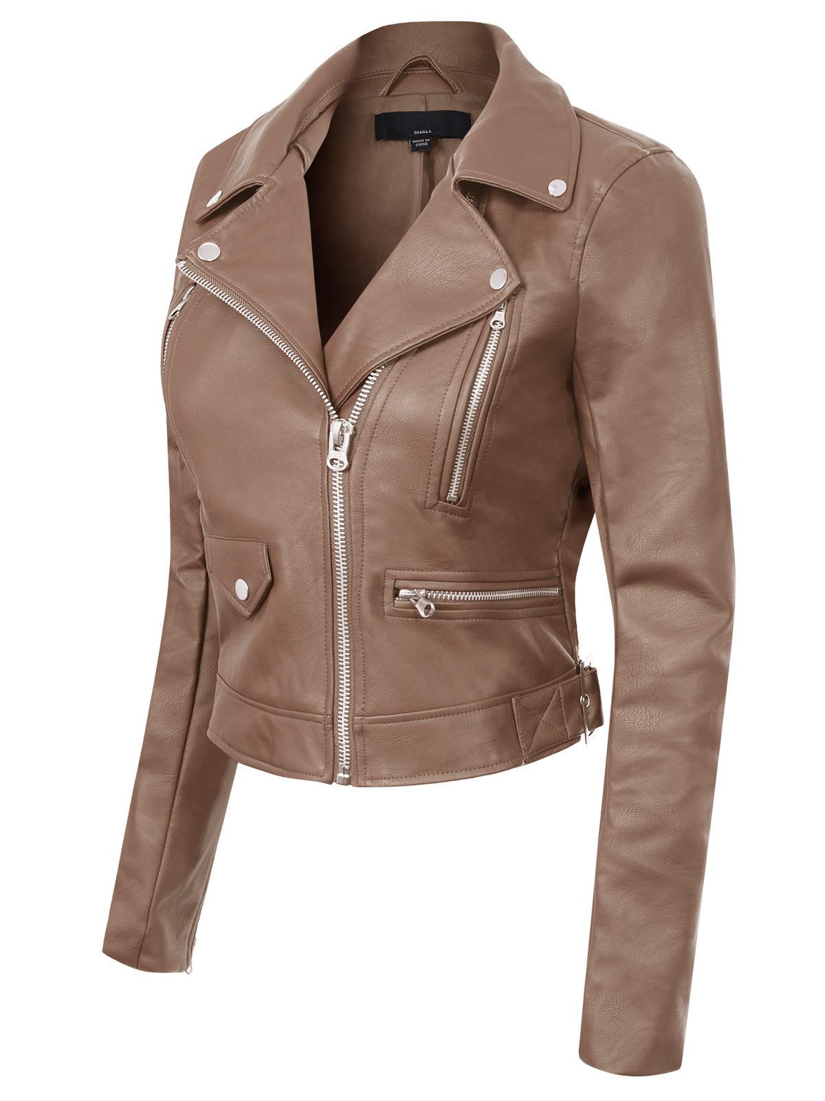 MixMatchy Long Sleeve Zipper Closure Moto Biker Faux Leather Jacket - Picture 28 of 59
