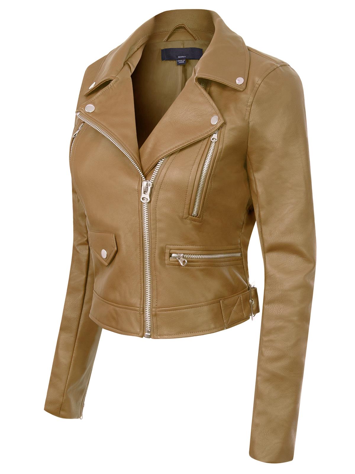 MixMatchy Long Sleeve Zipper Closure Moto Biker Faux Leather Jacket - Picture 22 of 59