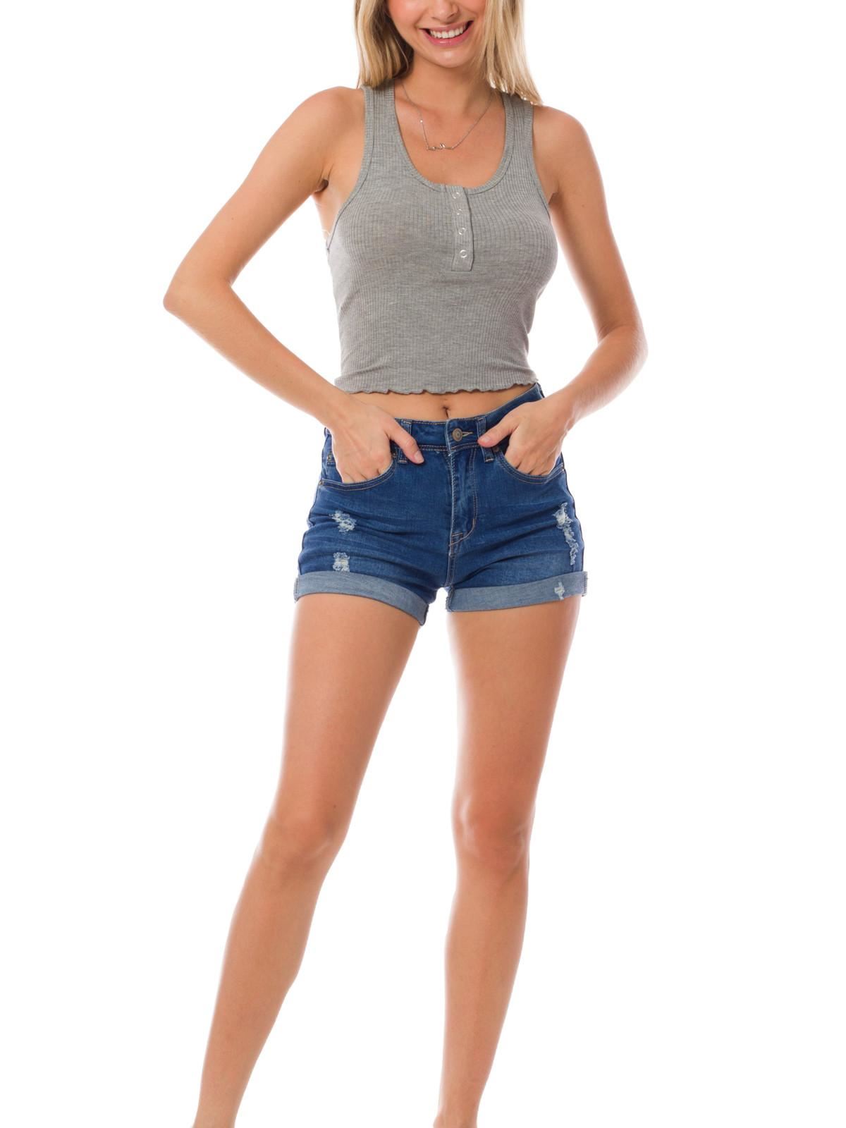 Solid Sleeveless Rib Knit Scoop Neck Button Up Stretch Crop Tank Top - Picture 8 of 19