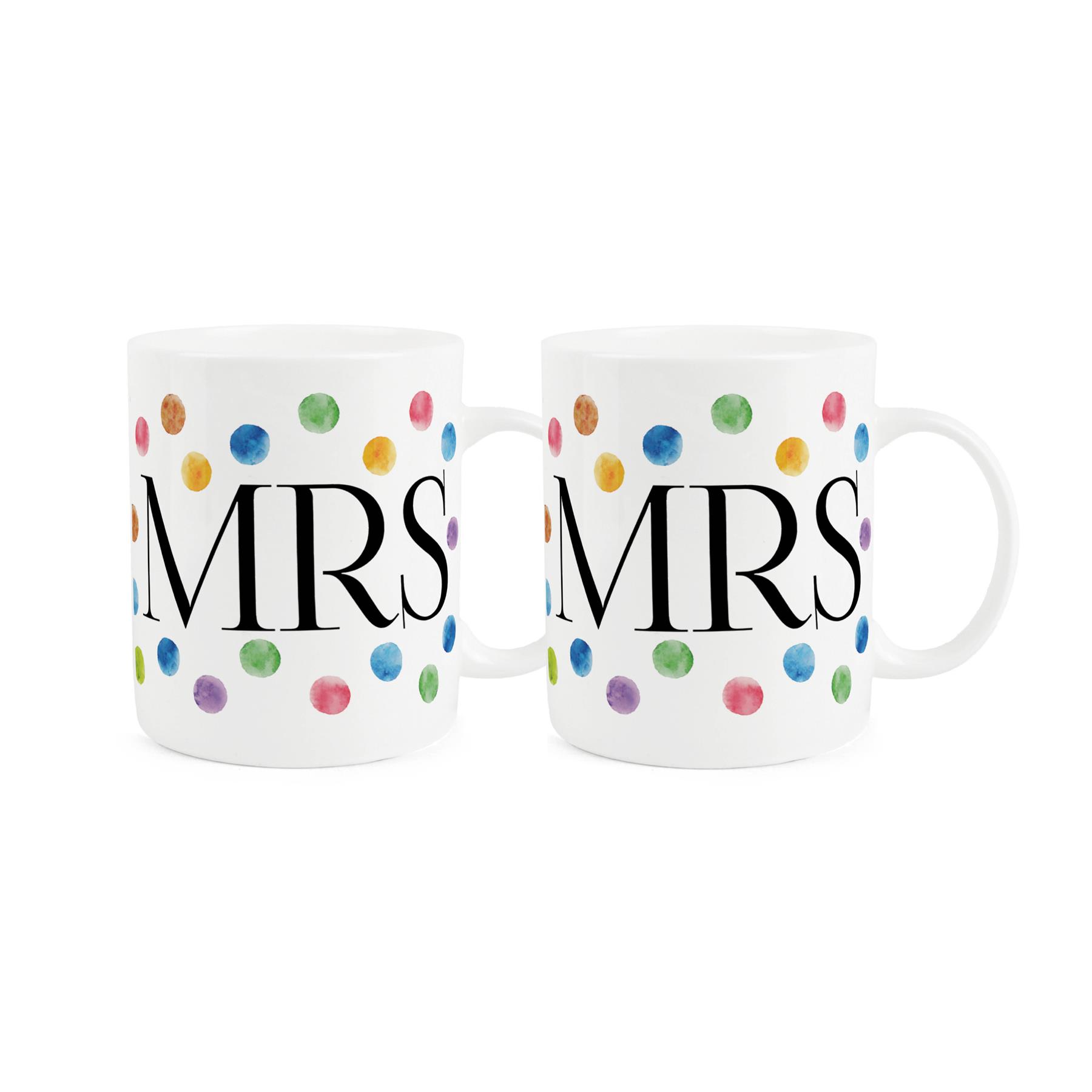 Polka Dots Mrs & Mrs Mugs Set - Colourful Bone China Cups Gifts for Couples