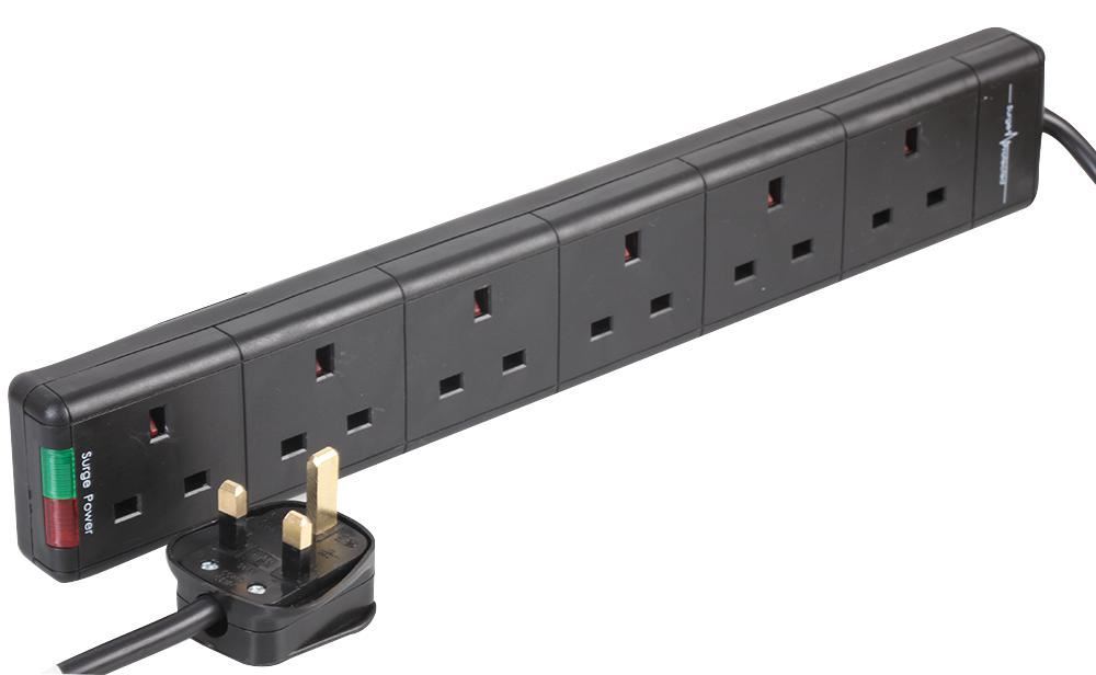 PRO ELEC 6Gang Surge Protected Extension Lead, Black, 2m Lead eBay