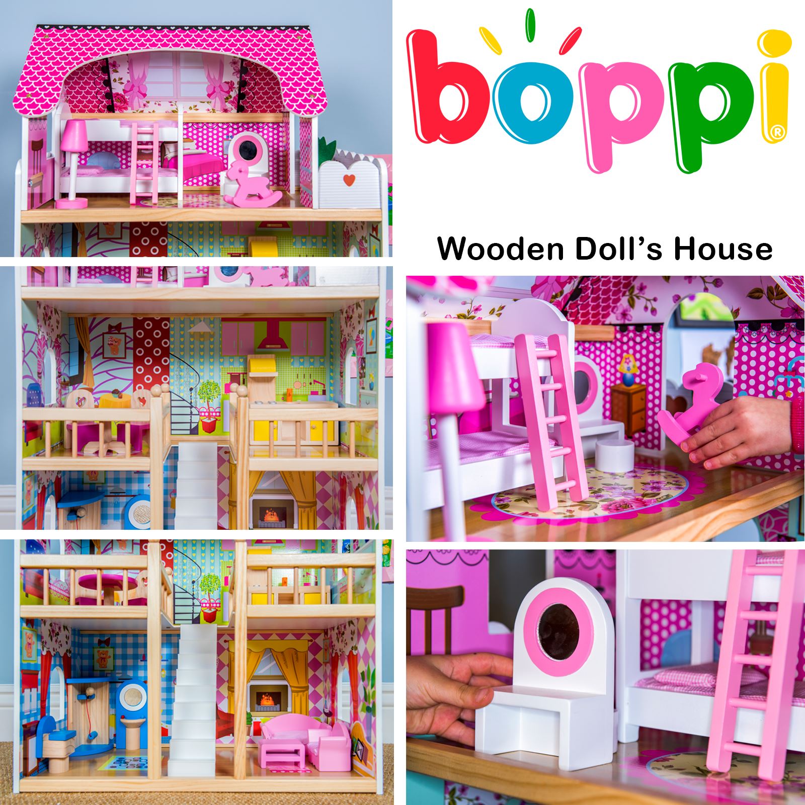 boppi® Toy Wooden Girls Dolls House 3 Storey Town Mansion+ Furniture