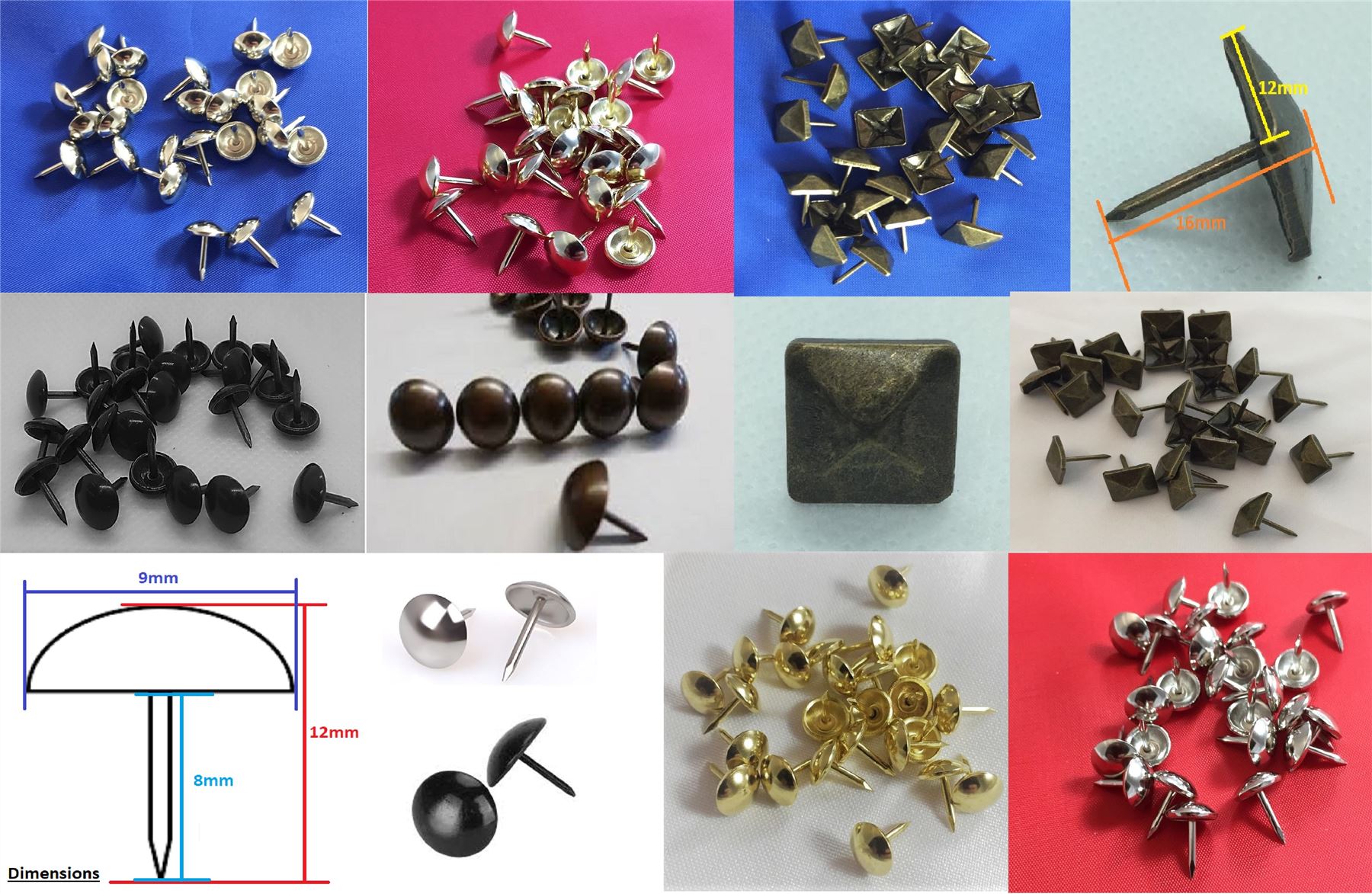 UPHOLSTERY PINS DECORATIVE CRAFT NAILS STUDS TACKS BLACK/BROWN/BRASS