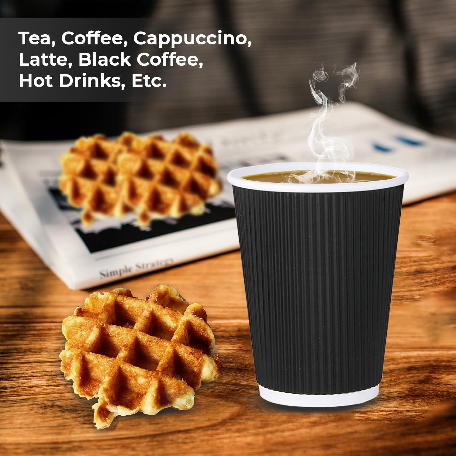 Black Disposable Coffee Cups Triple Wall Ripple Takeaway Drinks Paper Cups 12oz - Picture 39 of 40