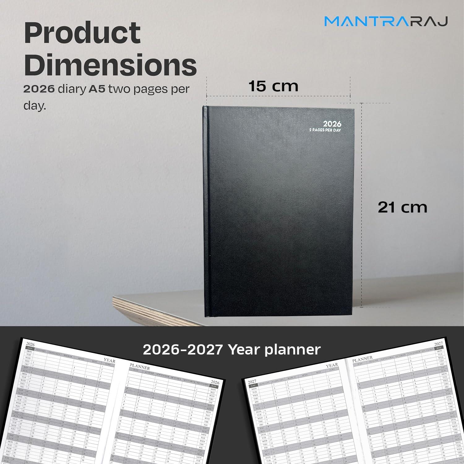 2026 Diary A5 Hardback 2 Pages Per Day Diary Casebound Classic Office Desk Diary - Picture 4 of 15