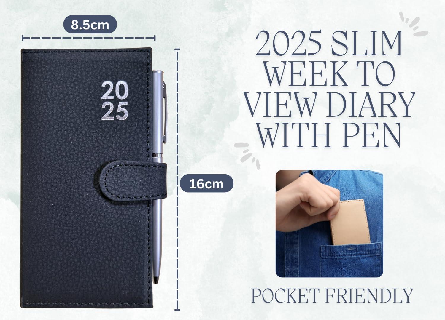 2025 Week To View Premium Padded Slim Pocket Diary Stud Close Diary With Pen - Picture 27 of 35