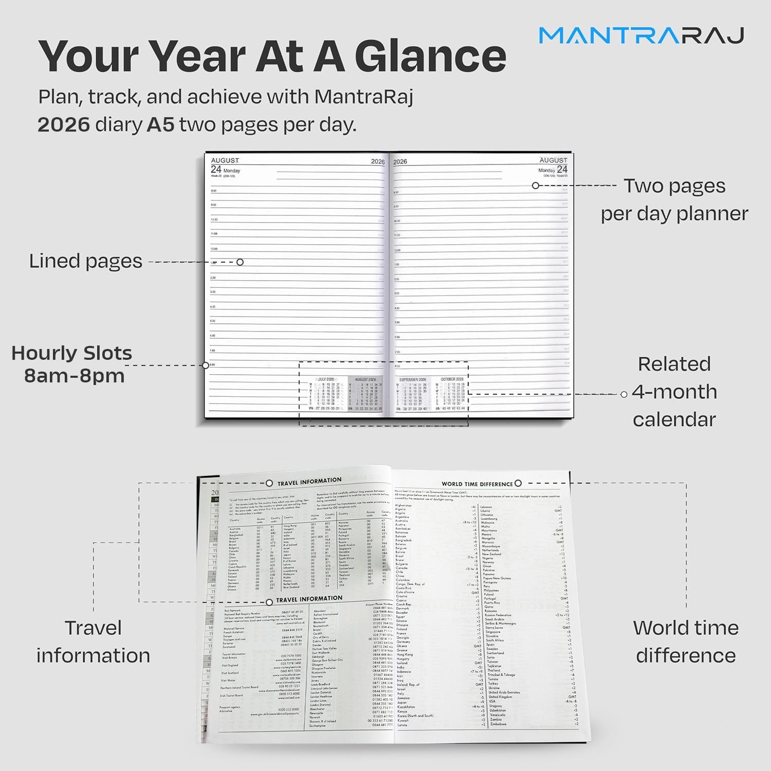 2026 Diary A5 Hardback 2 Pages Per Day Diary Casebound Classic Office Desk Diary - Picture 10 of 15