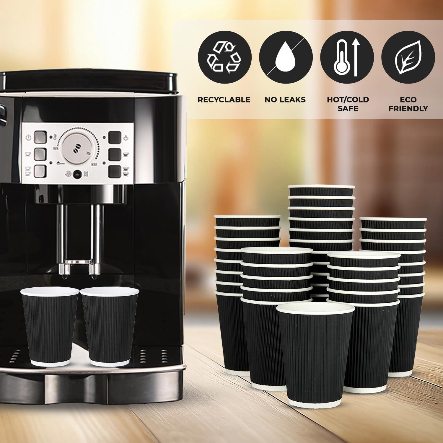 Black Disposable Coffee Cups Triple Wall Ripple Takeaway Drinks Paper Cups 12oz - Picture 22 of 40