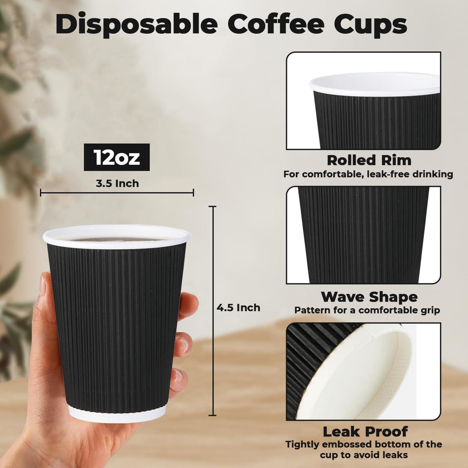 Black Disposable Coffee Cups Triple Wall Ripple Takeaway Drinks Paper Cups 12oz - Picture 11 of 40