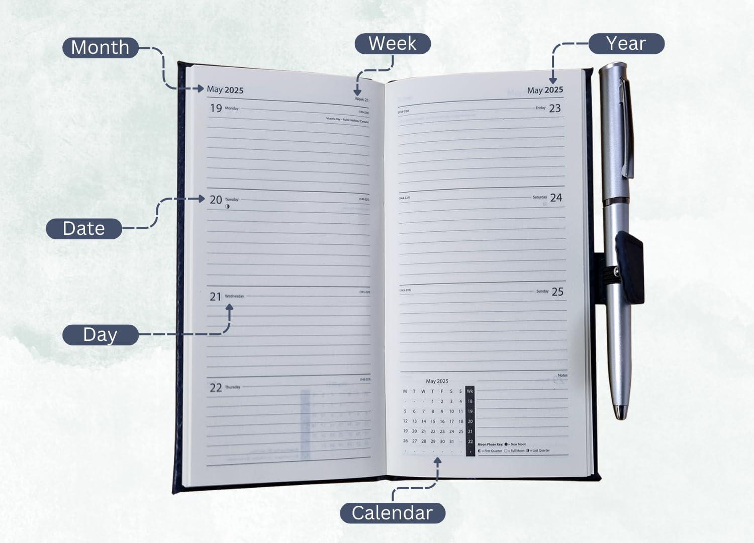 2025 Week To View Premium Padded Slim Pocket Diary Stud Close Diary With Pen - Picture 30 of 35