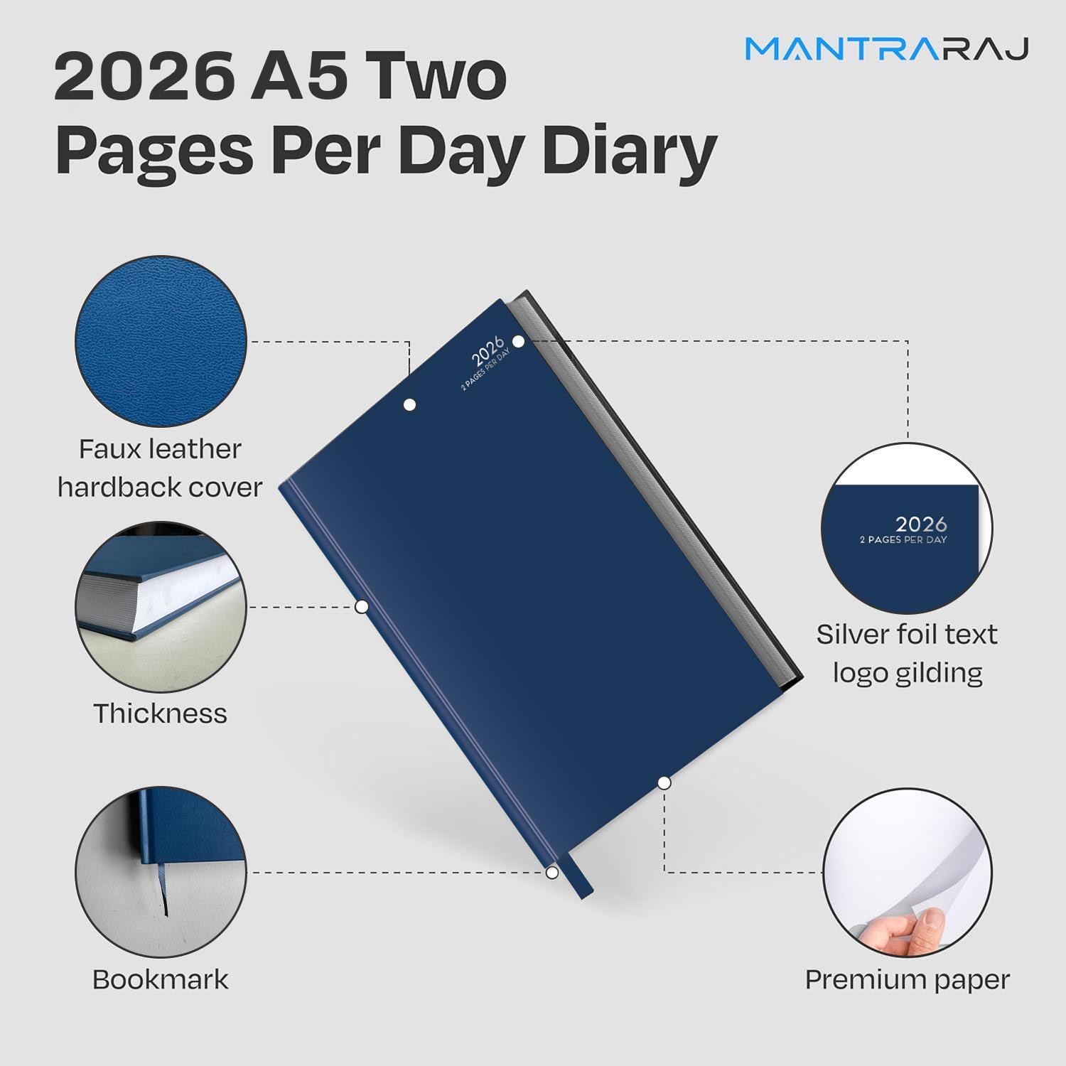 2026 Diary A5 Hardback 2 Pages Per Day Diary Casebound Classic Office Desk Diary - Picture 12 of 15