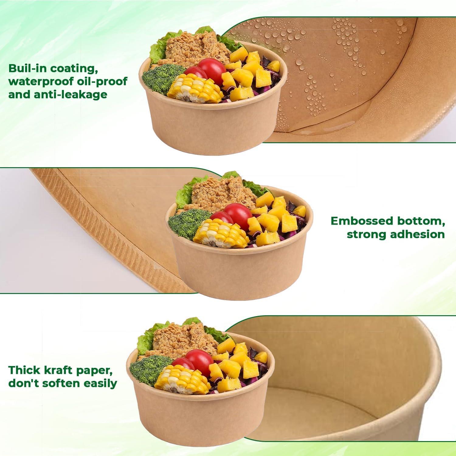 Disposable Kraft Salad Paper Bowls with Lids Takeaway Food Bowls Soup Containers - Picture 7 of 32