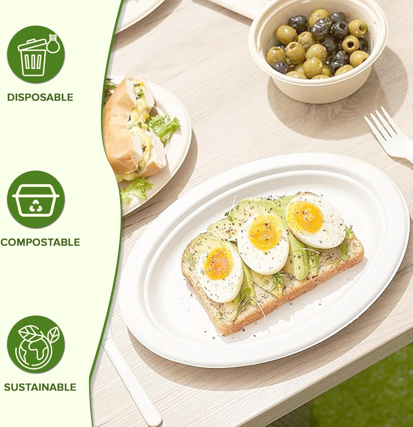 Strong Disposable Oval Plates Super Rigid Biodegradable Party Dinner Plate 10x8" - Picture 6 of 29