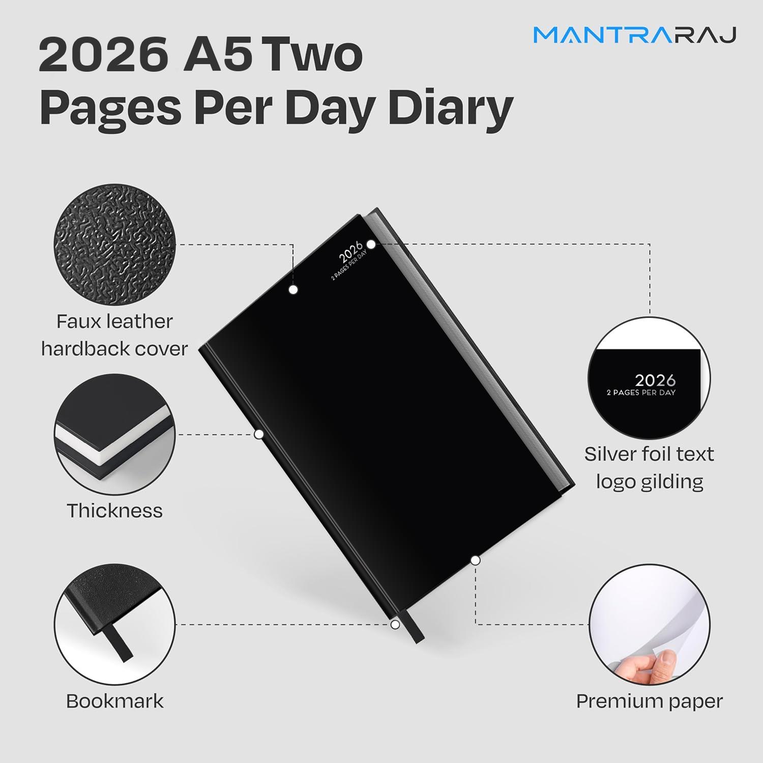 2026 Diary A5 Hardback 2 Pages Per Day Diary Casebound Classic Office Desk Diary - Picture 5 of 15