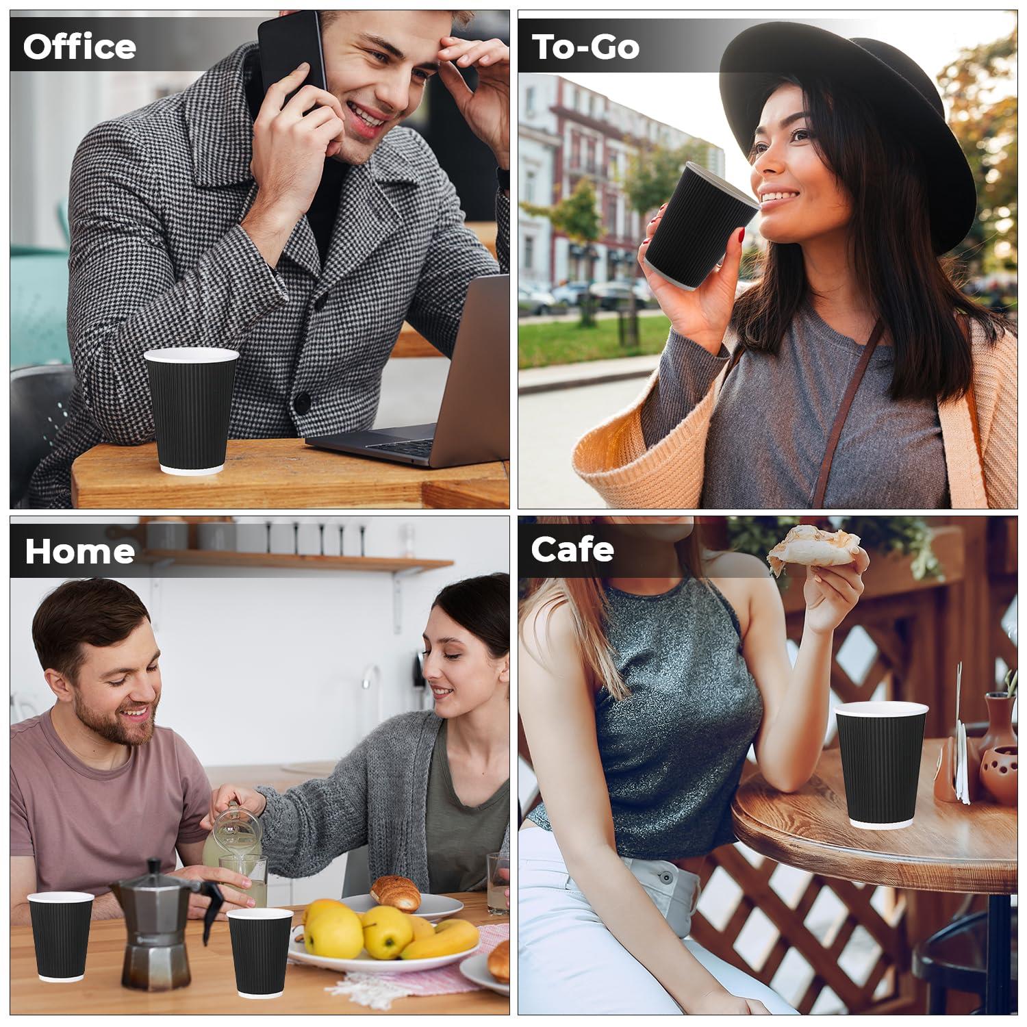 Black Disposable Coffee Cups Triple Wall Ripple Takeaway Drinks Paper Cups 12oz - Picture 12 of 40
