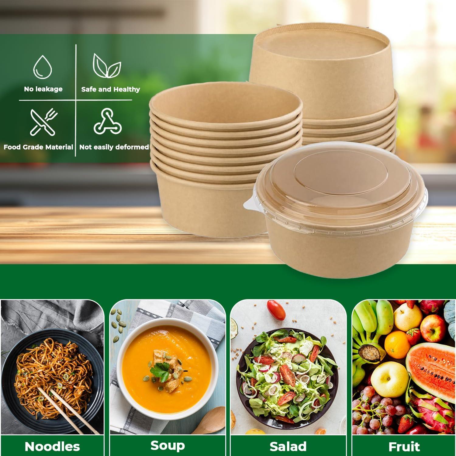 Disposable Kraft Salad Paper Bowls with Lids Takeaway Food Bowls Soup Containers - Picture 18 of 32