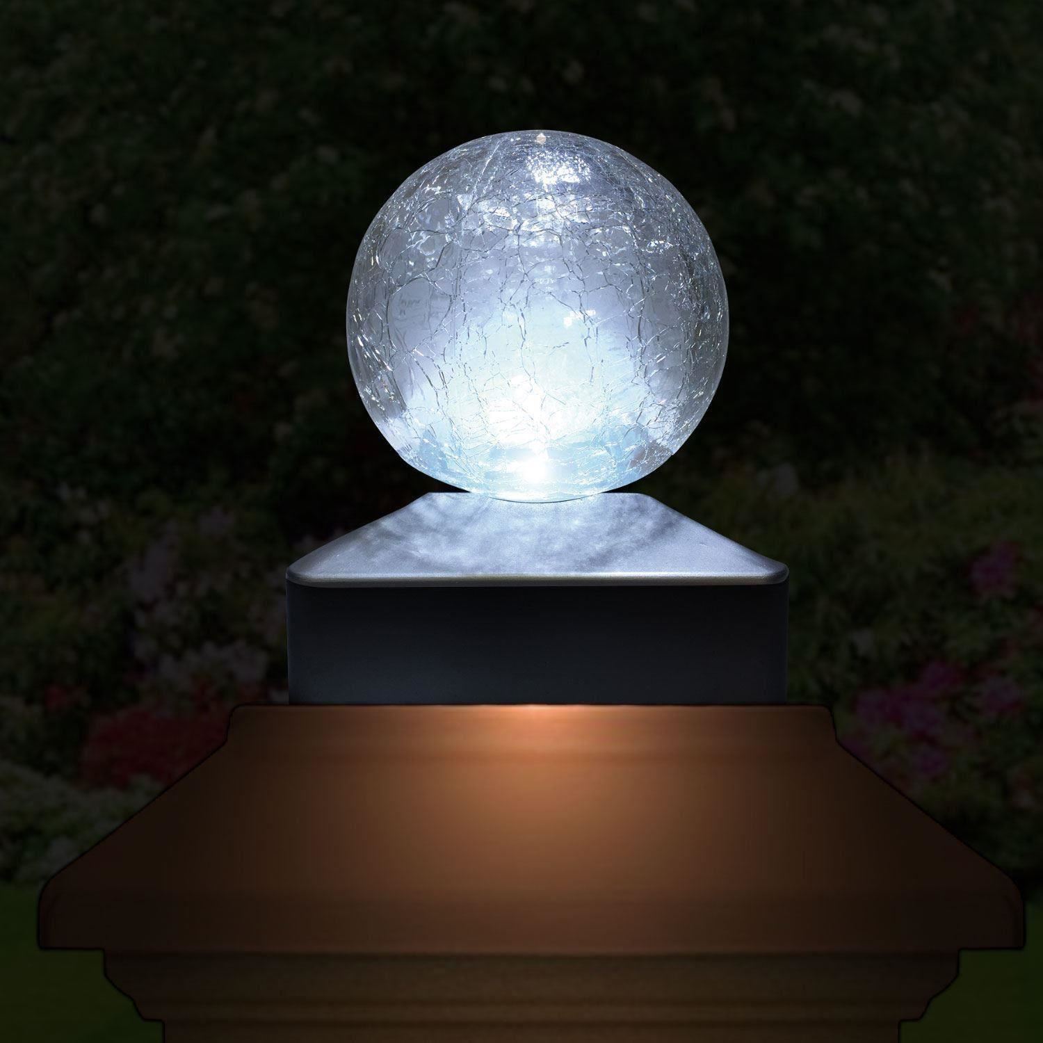 Solar Crackle Glass Ball Garden Post Deck Cap Light Square Outdoor