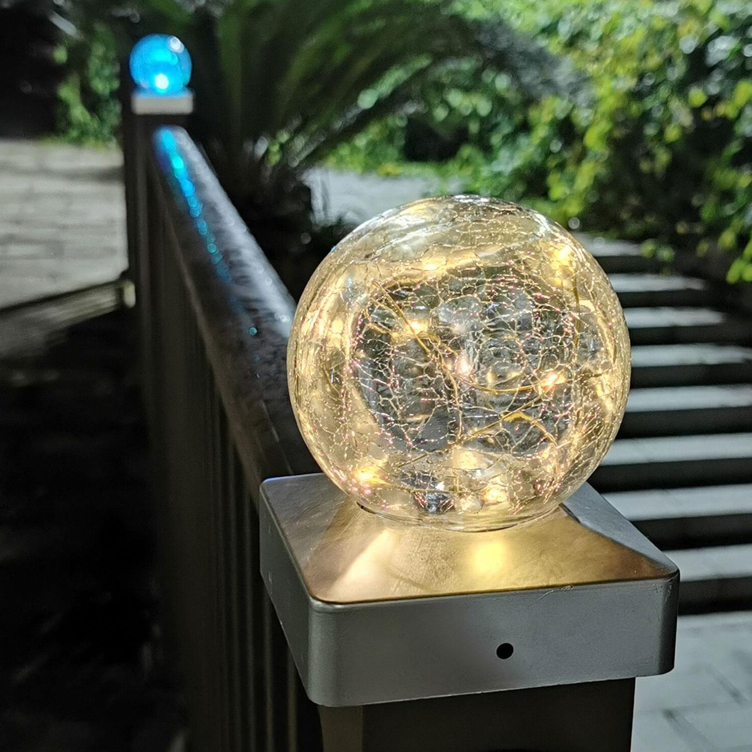 SOLAR POST CAP LIGHTS WATERPROOF OUTDOOR CRACKLE GLASS BALL LIGHTS