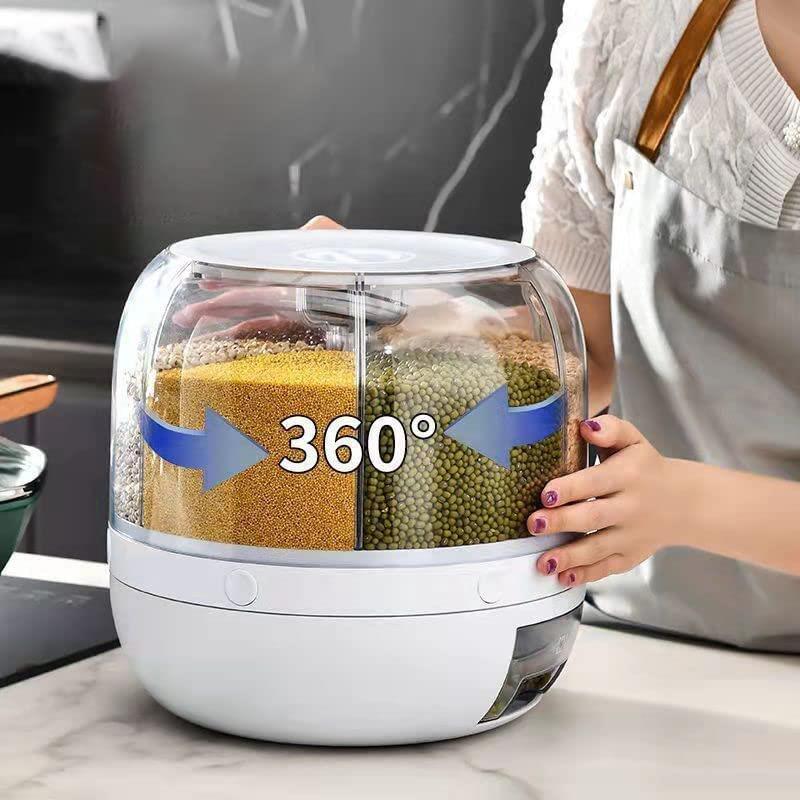 6-Grid Rotating Rice & Grain Storage Container - One-Button Dispenser For Cereals, Snacks, Coffee Beans