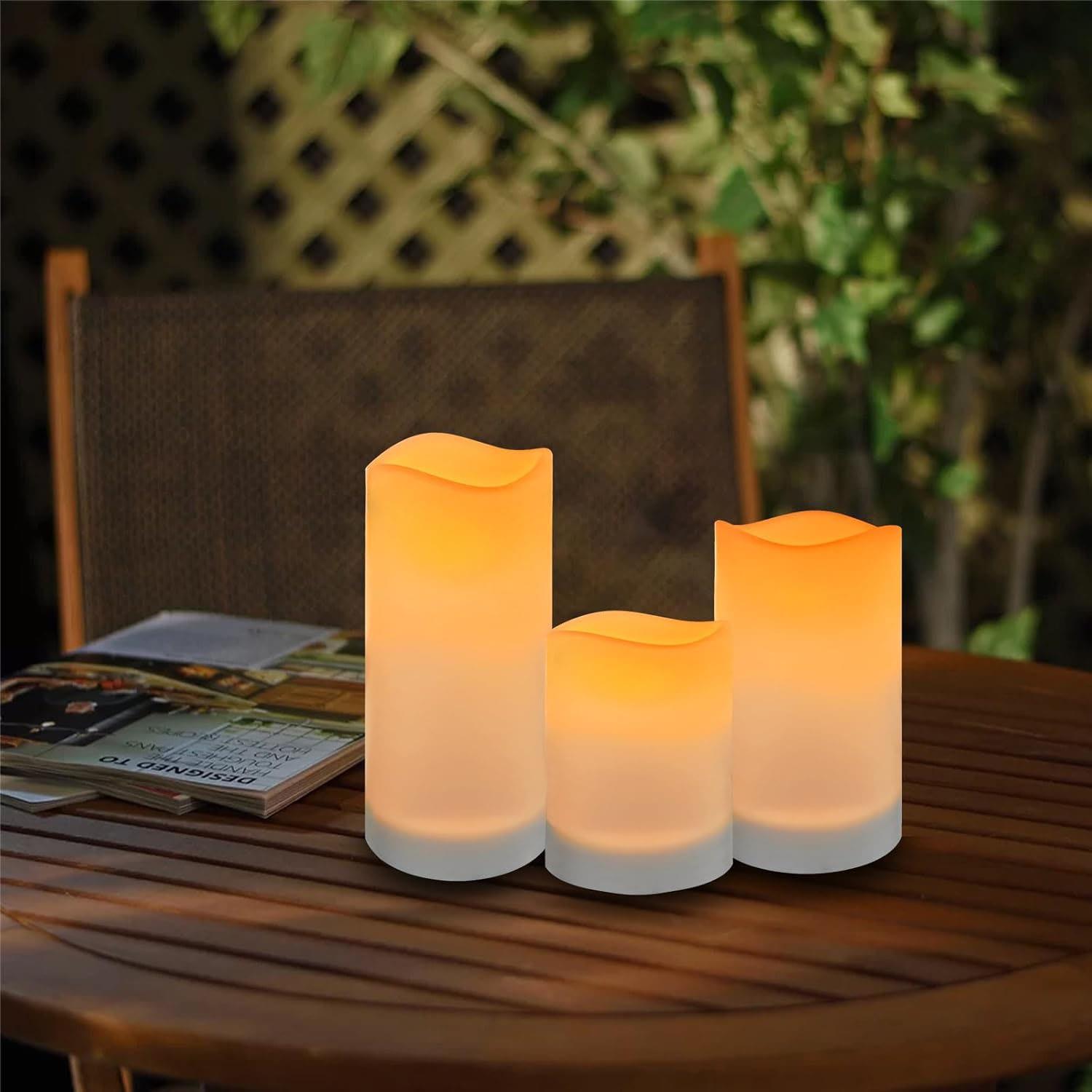 Set De 3 Velas LED Solares Con Efecto Llama Realista, Blanco Cálido, Tamaños 15/12/10 Cm, IP44 Para Exterior