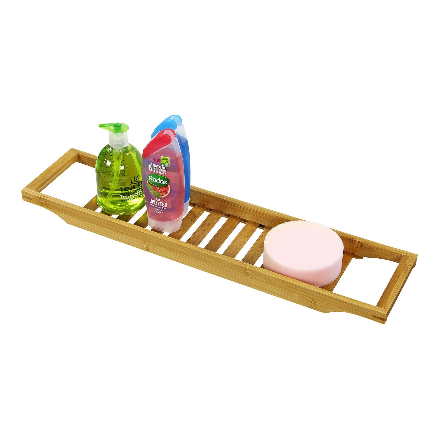 Bamboo Bath Tub Caddy Rack Wooden Bathroom Shelf Storage Caddy
