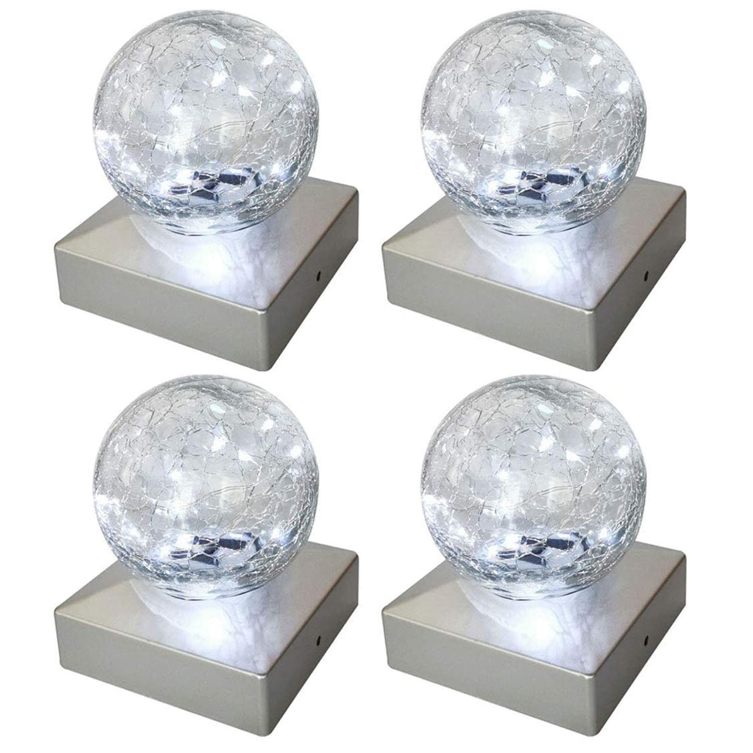 Solar Crackle Glass Ball Post Deck Cap Led Lights Garden Outdoor Fits 4