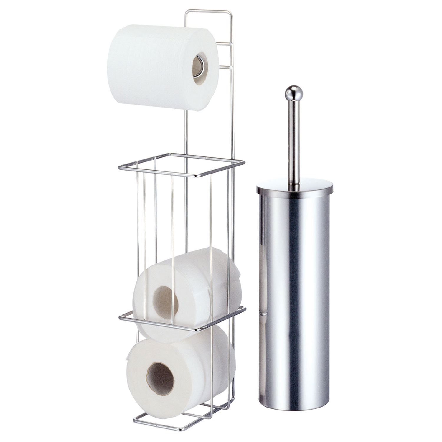 Free Standing Chrome Bathroom Toilet Paper Roll Stand & Toilet Brush