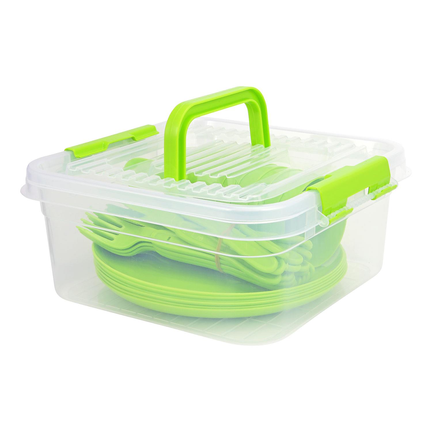GEEZY 21 Piece Plastic Picnic Camping Party Dinner Plate Mug Cutlery Set Storage Box