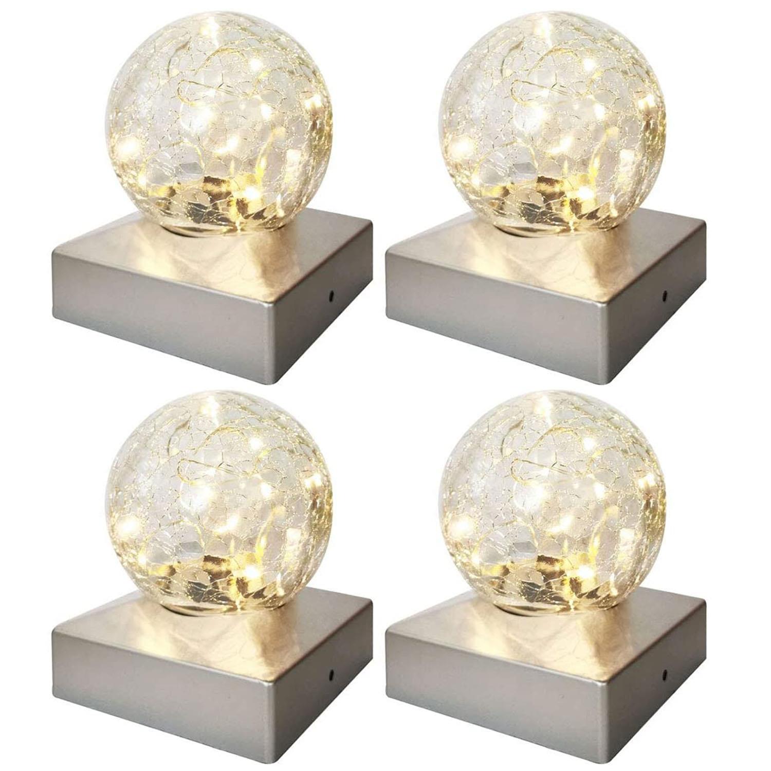 4 SOLAR DECK CAP POST LIGHTS OUTDOOR GARDEN CRACKLE GLASS BALL LIGHTS