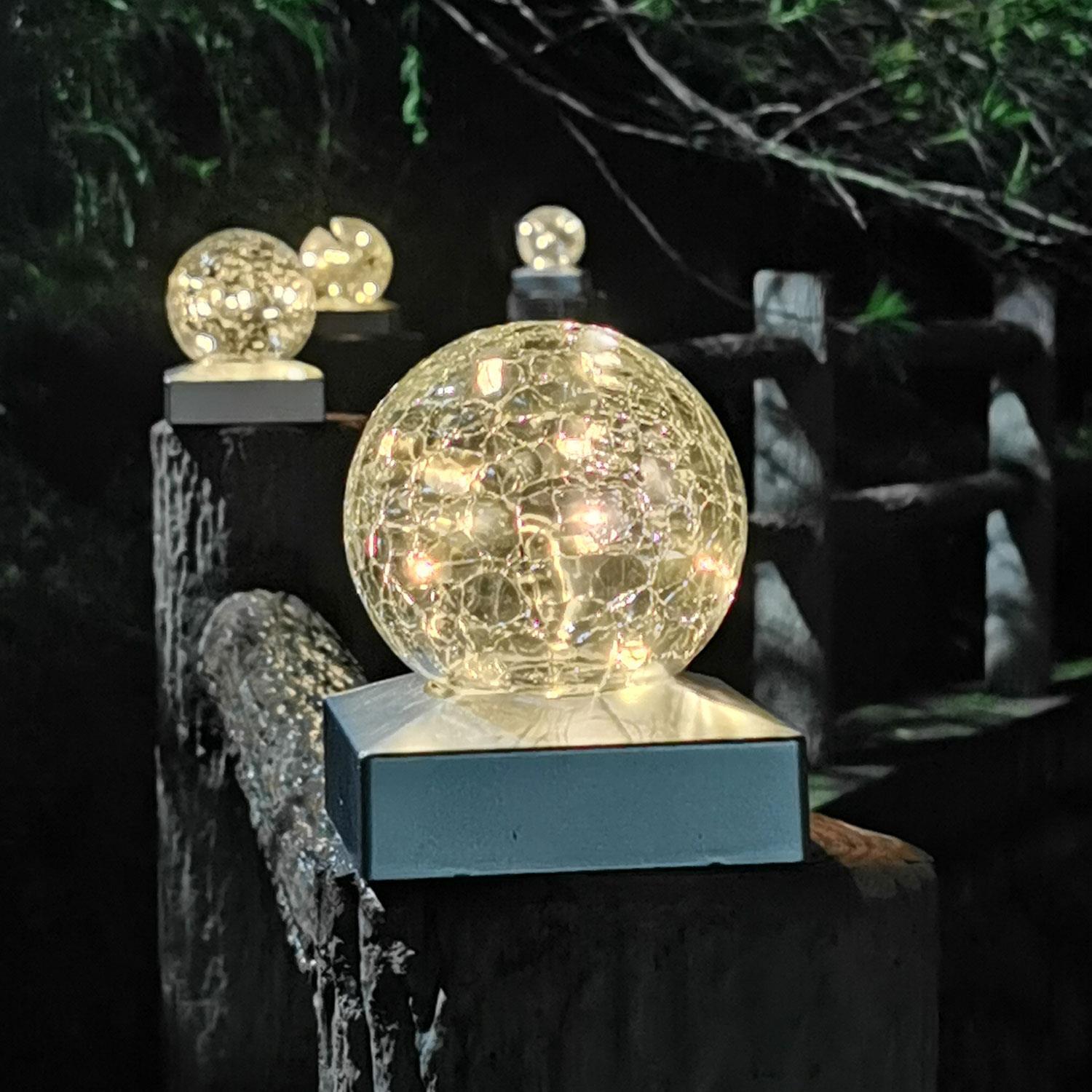 Solar Crackle Glass Ball Post Deck Cap Led Lights Garden Outdoor Fits 4