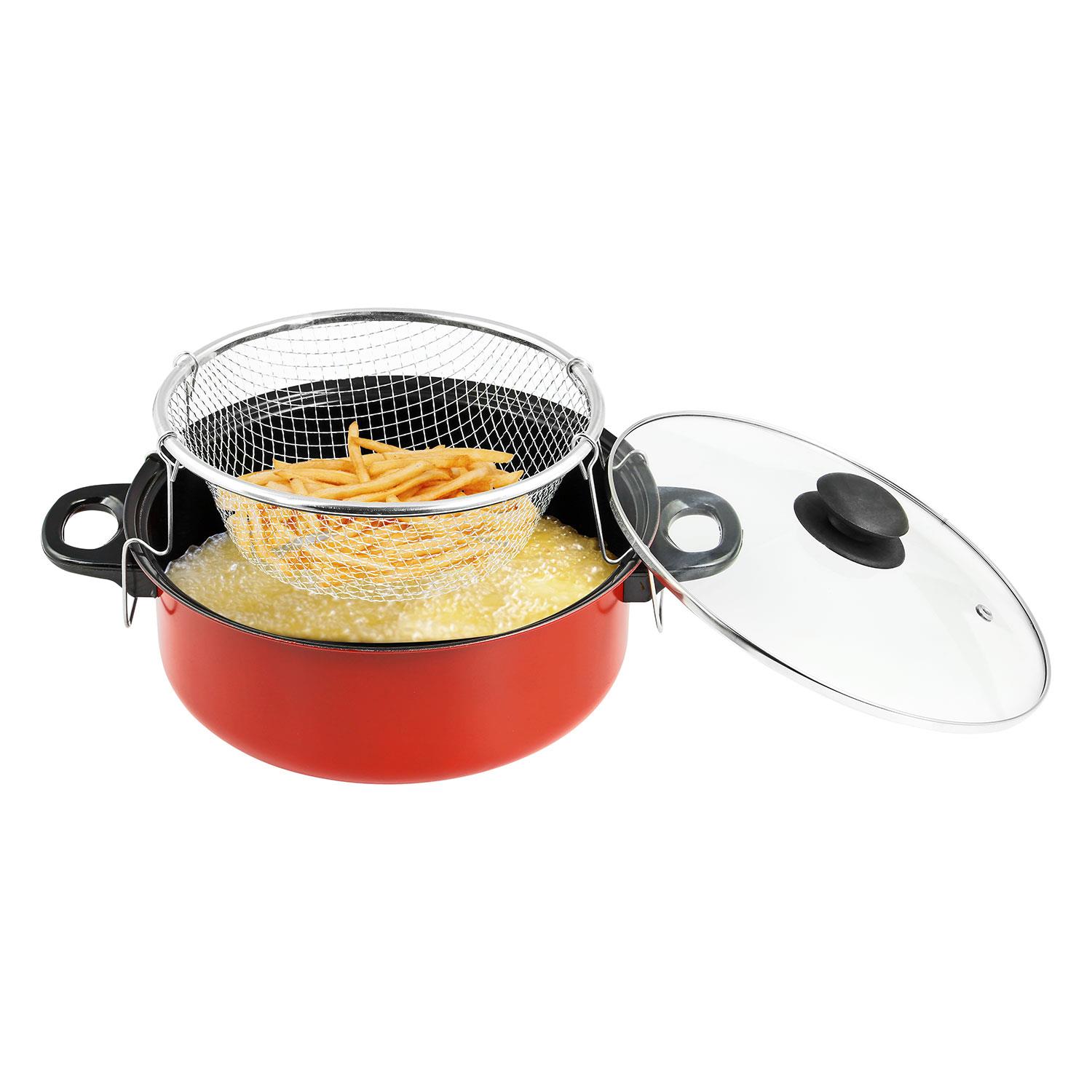 RED NON STICK CHIP PAN SET FRYER DEEP FAT FRYING BASKET POT WITH GLASS
