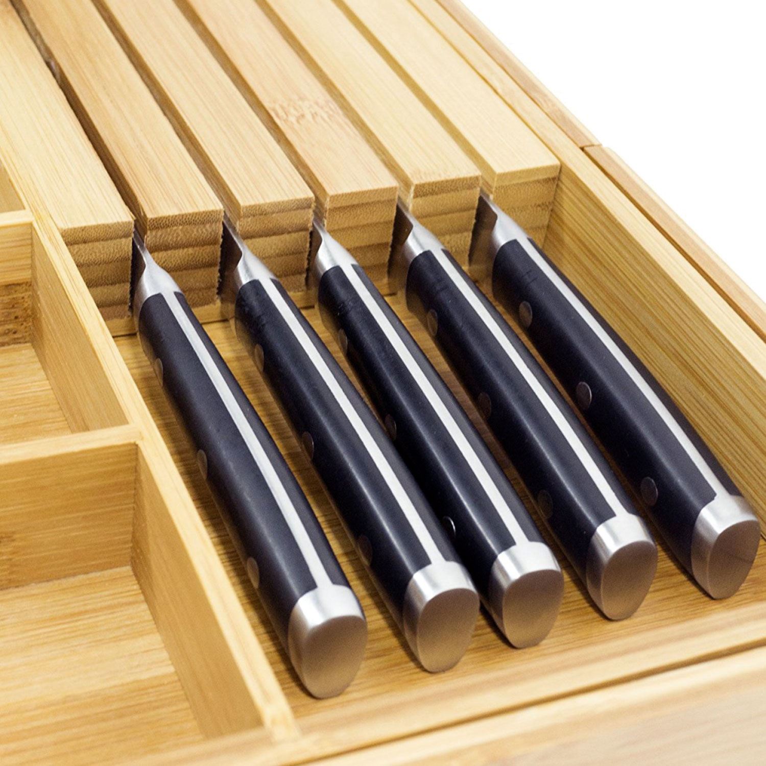 Bamboo Expandable Cutlery Tray Holder Tidy Drawer Organiser with Knife